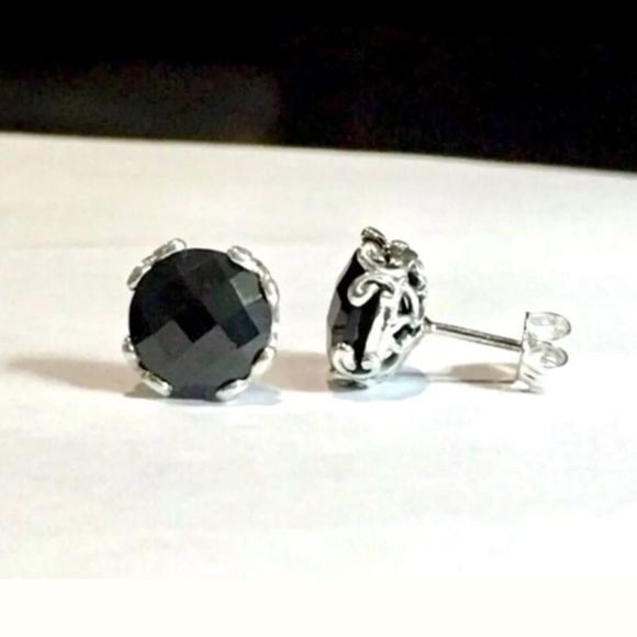 SAMUEL B. Sterling Silver 925 Round Cut Black Spinel Faceted Stud Earrings - Picture 5 of 10